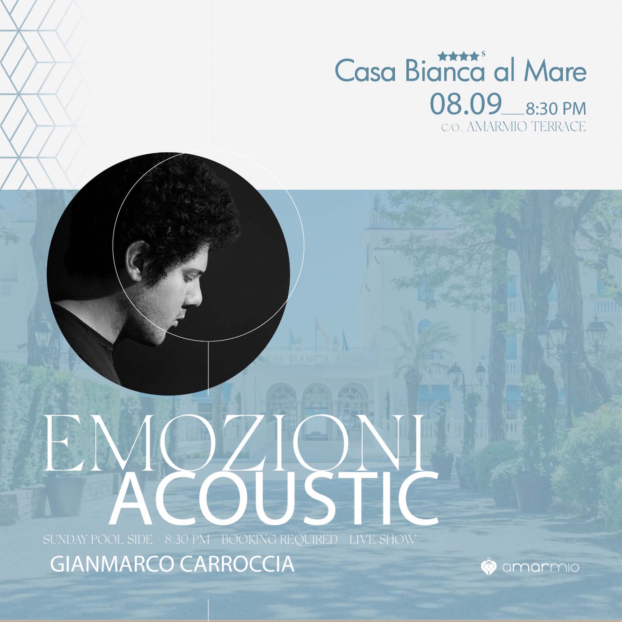 GIANMARCO CARROCCIA, EMOZIONI ACOUSTIC, VIAGGIO TRA LE CANZONI DI BATTISTI E MOGOL | 8 SETTEMBRE | AMARMIO 